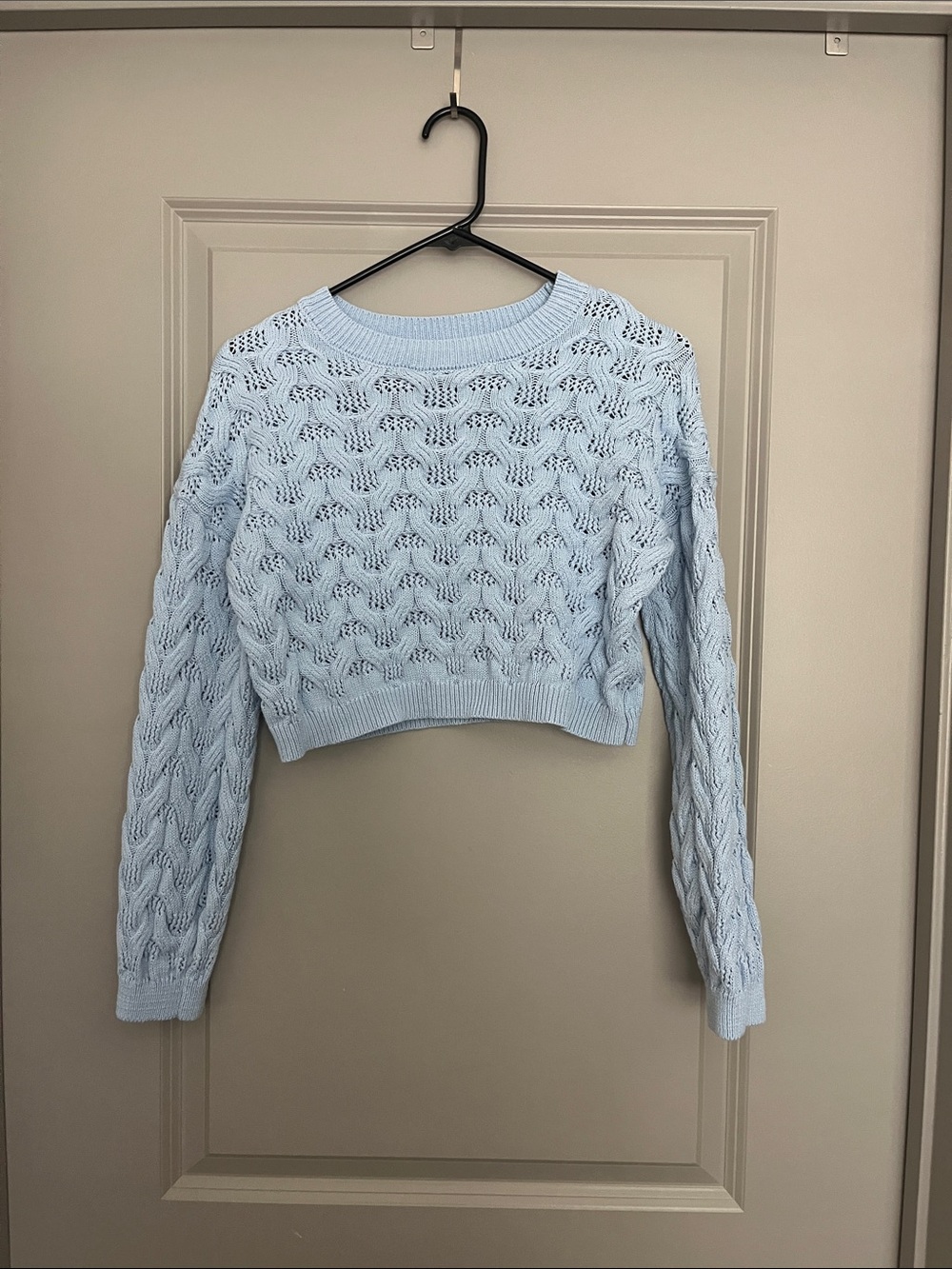 100% Cotton Cropped Light Blue Cable-Knit Crewneck Sweater